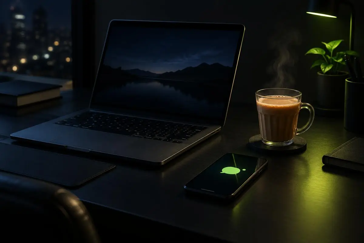 A desk with a laptop, a phone and a cup of chai