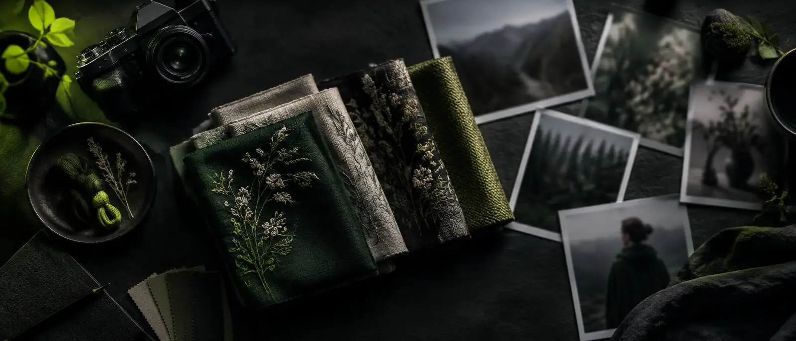 Fabric swatches and a camera on a dark moodboard table