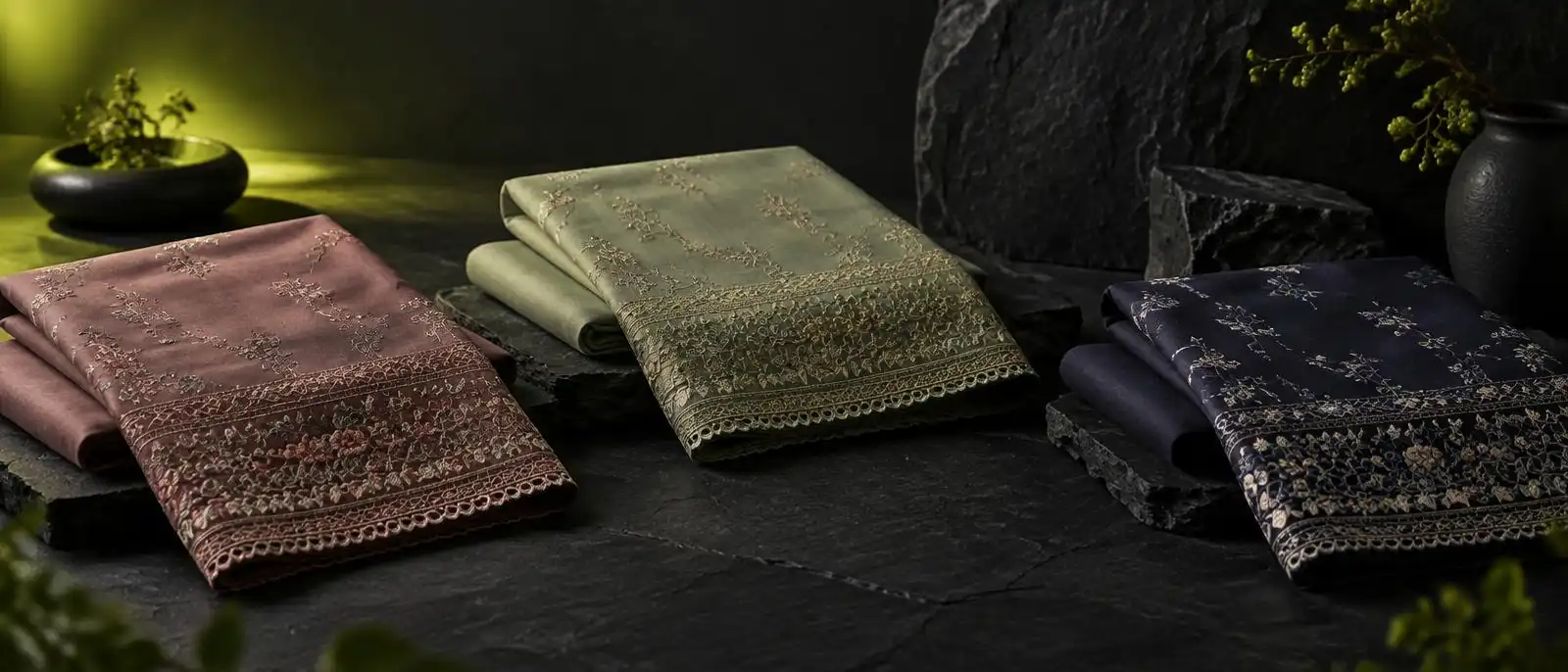 Three folded unstitched lawn suits on dark slate