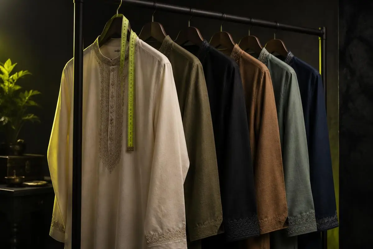 A rack of kurtas with a size tape in a dark studio