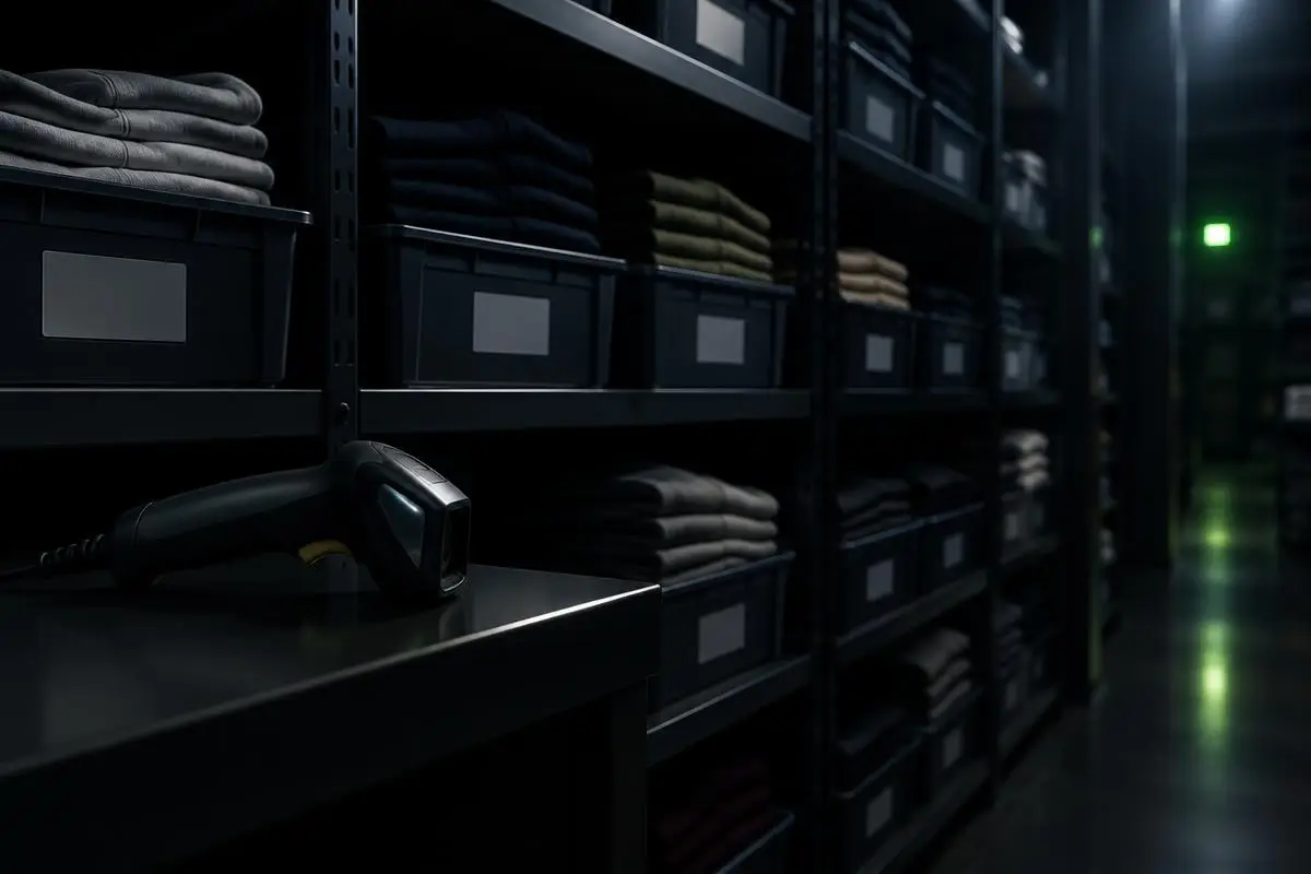 Warehouse shelves with labelled bins and a barcode scanner