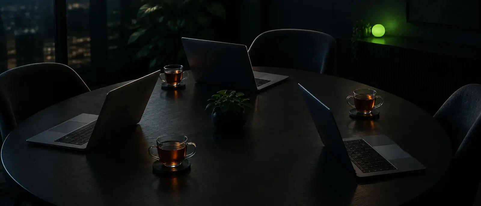A dark meeting table with three laptops and three cups of tea