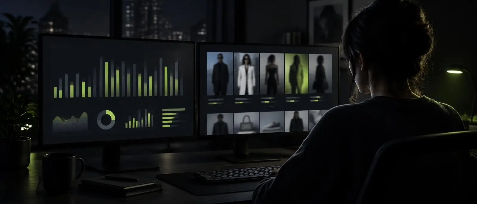 Two monitors showing ad results and fashion ads at a media buyer's desk