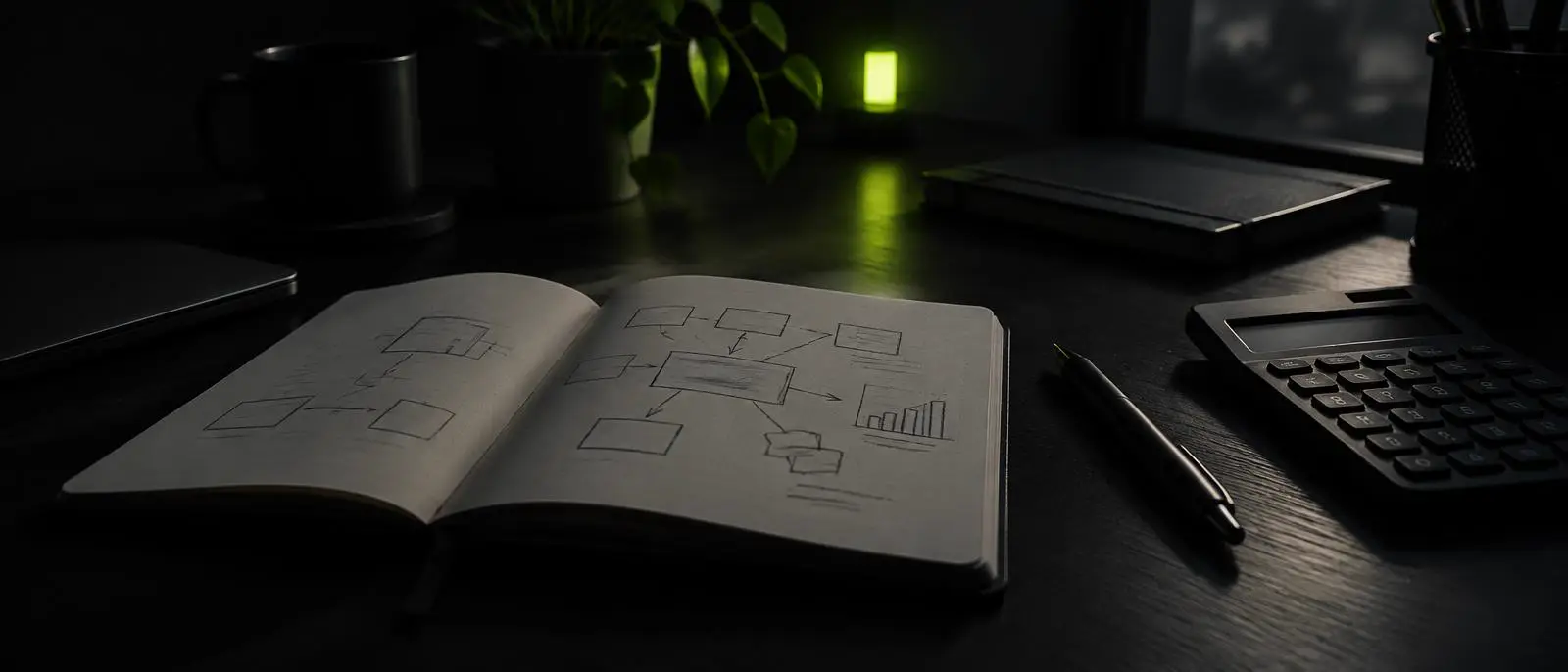 A notebook, pen and calculator on a dark desk